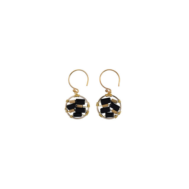 Lek Round Hook, Black, Handmade Golden Earrings