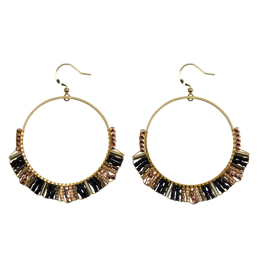 Hoops Multi Beads Brown, Handmade Golden Earrings