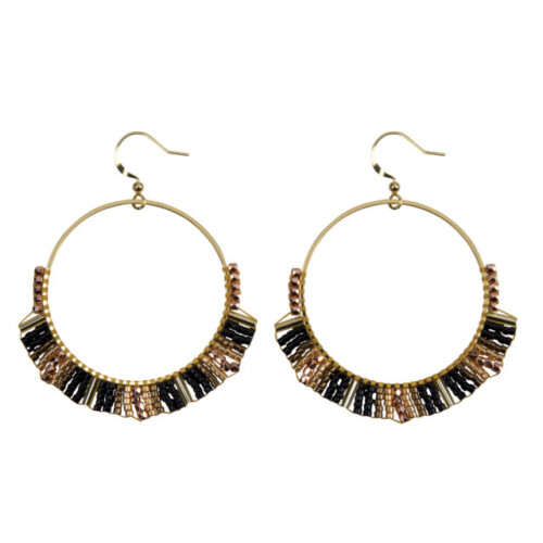 Hoops Multi Beads Brown, Handmade Golden Earrings