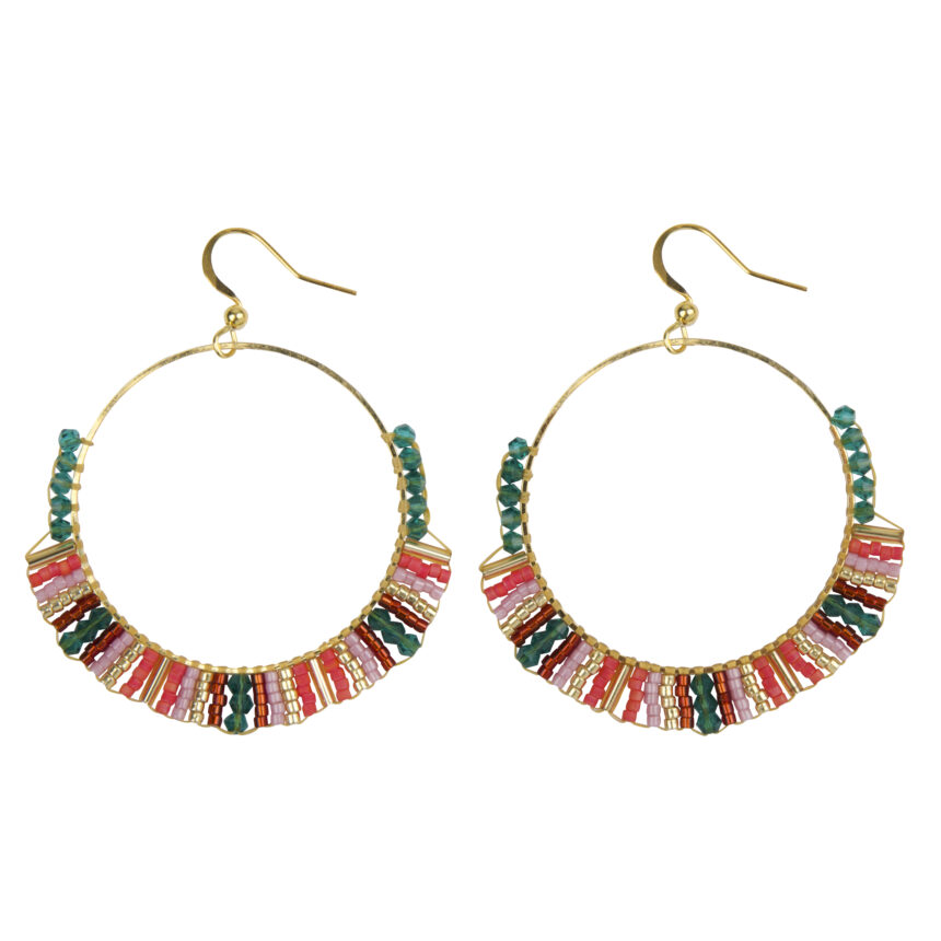 Hoops Multi Beads Roze Groene Oorbellen