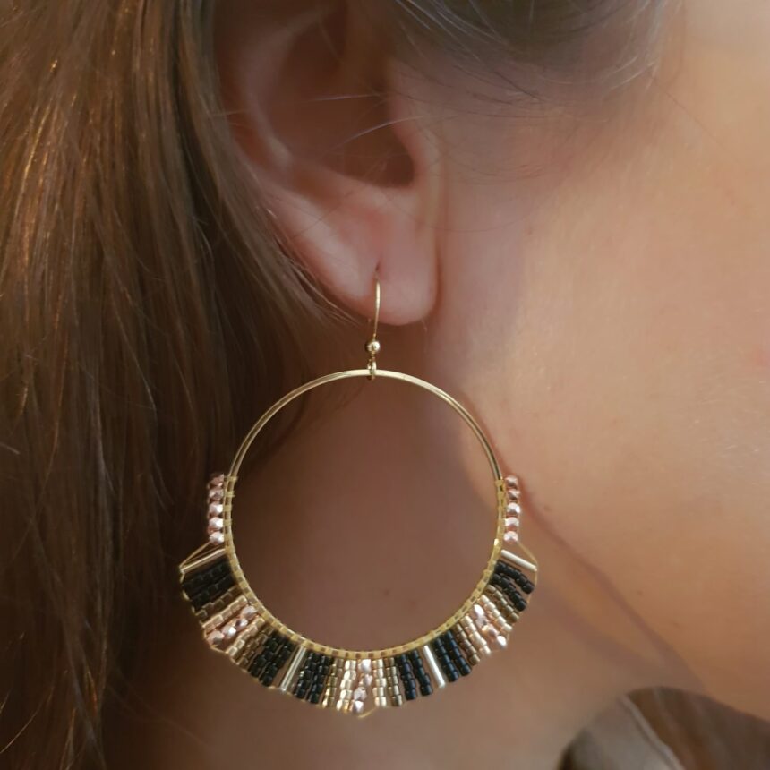 Hoops Multi Beads Brown, Handmade Golden Earrings - Afbeelding 2