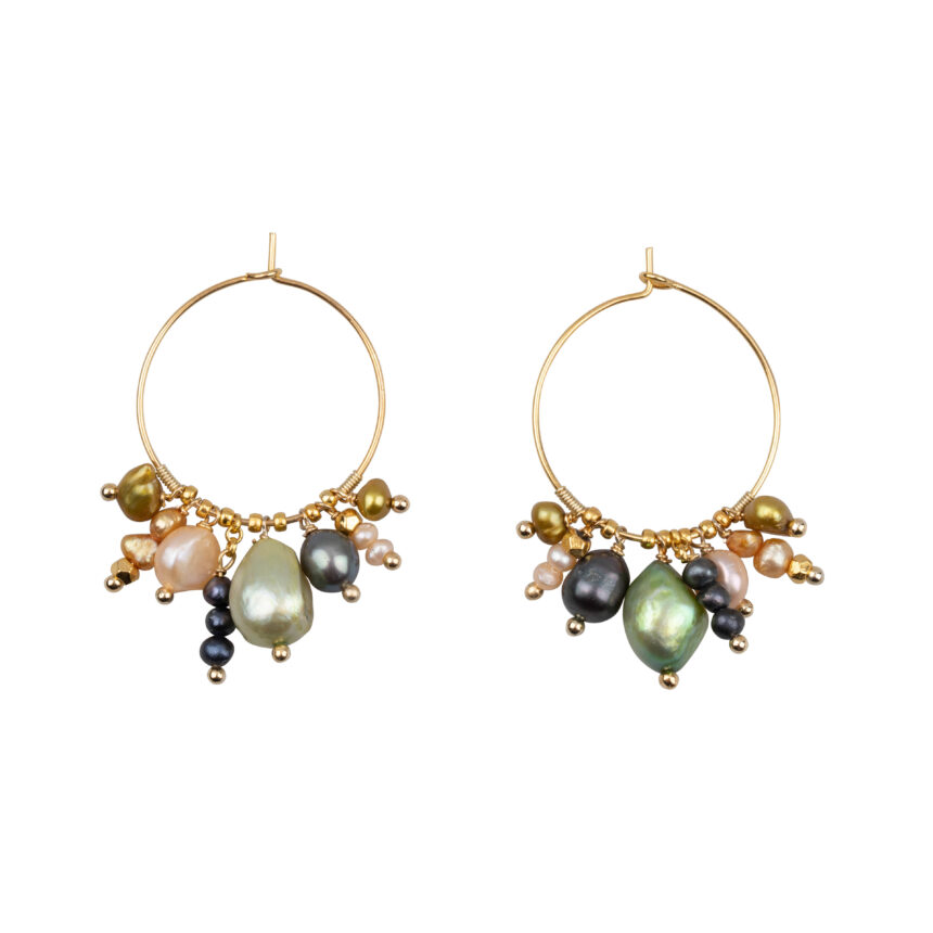 Bunch Pearls Olive, Handgemaakte Gouden Oorbellen