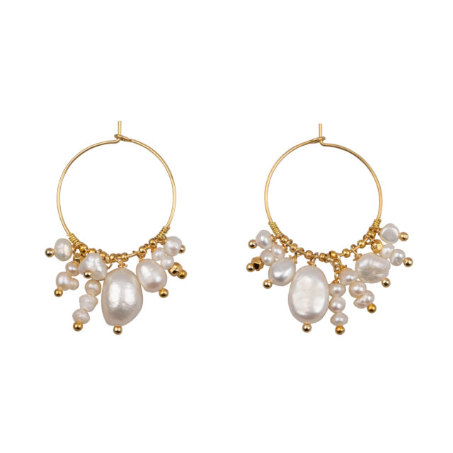 Bunch Pearls White, Handgemaakte Gouden Oorbellen