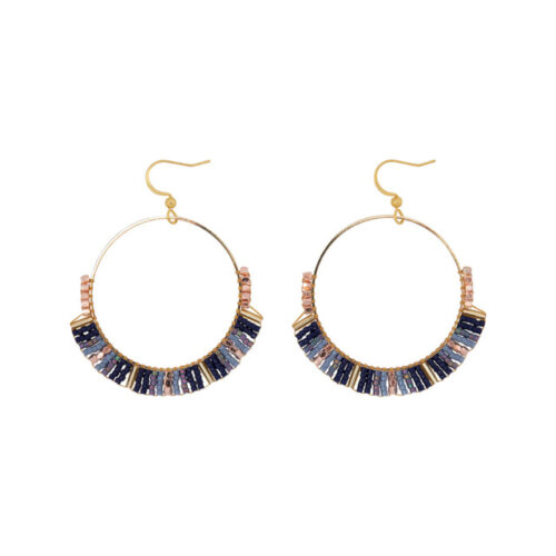 Hoops Multi Beads, Dark Blue, Handmade Golden Earrings