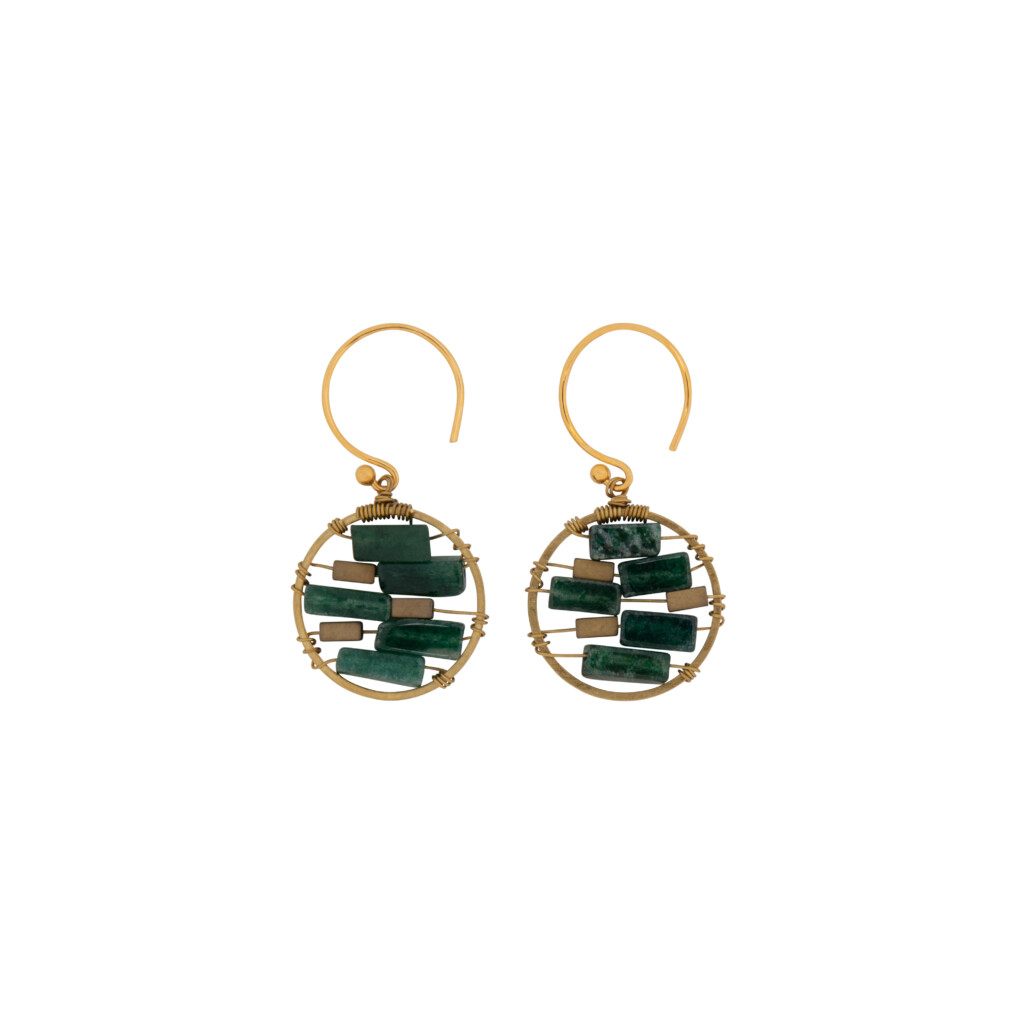 Lek Round Hook, Dark Green, Handmade Golden Earrings
