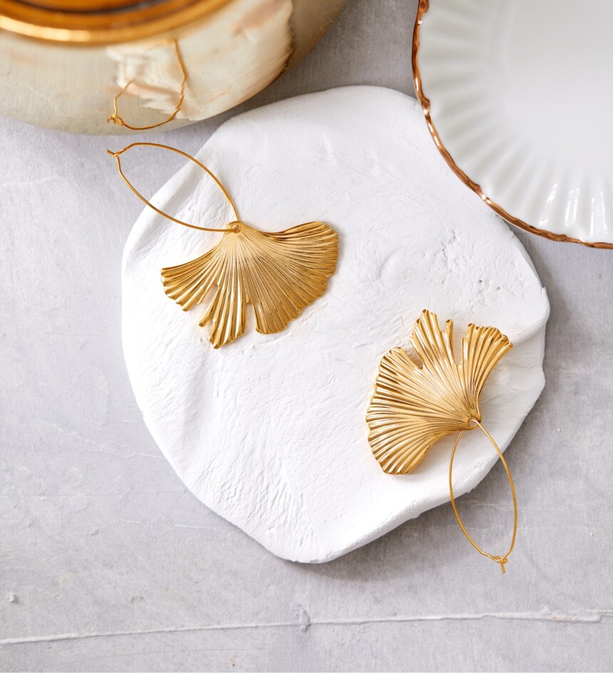 Vintage Ginkgo Leaf Lock, Handgemaakte Gouden Oorbellen - Afbeelding 2