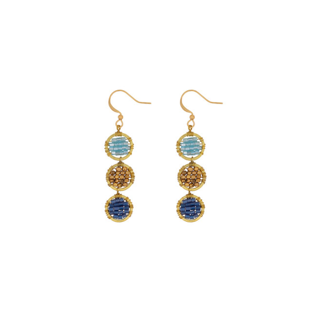 Triple Lek, Blauw, Handgemaakte Gouden Oorbellen