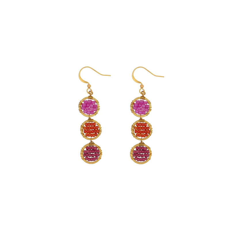 Triple Lek, Pink Orange, Handgemaakte Gouden Oorbellen