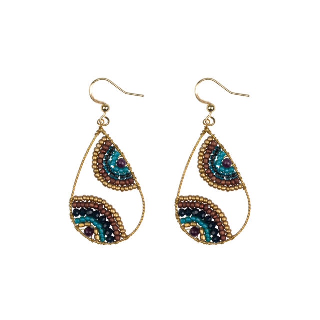 Multi Drop, Brown, Turquoise, Blue, Handgemaakte Gouden Oorbellen