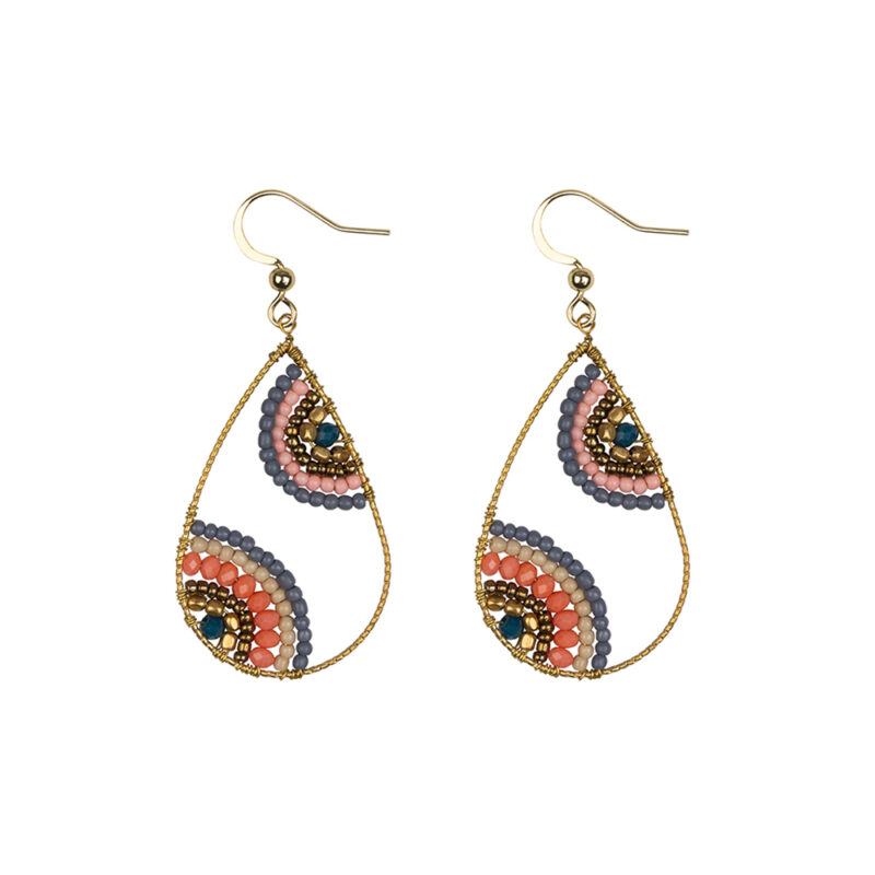 Multi Drop, Coral, Pink, Blue, Handmade Golden Earrings